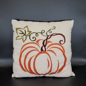 Set of 2 Embroidered Pumpkin Throw Pillow 12x12 Fall Decor Accent Cushion